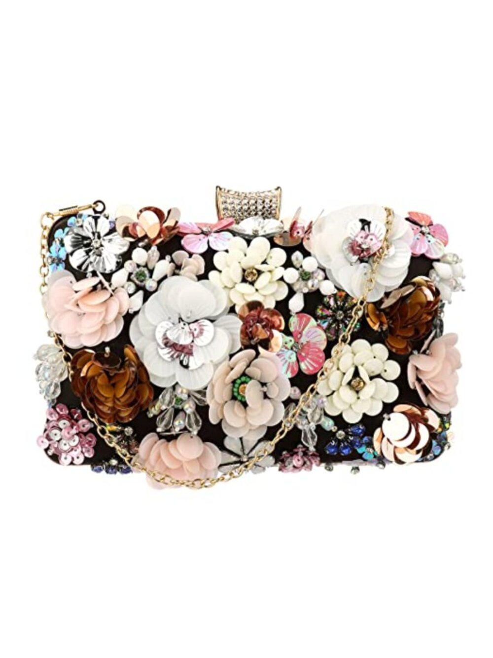 Floral Evening Clutch Bag Satin Beaded Rhinestone with Chains